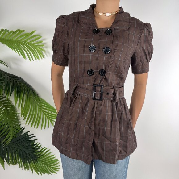 Y2K Charlotte Russe Brown Plaid Double Breasted Short Sleeve Belted Blouse Small - Picture 6 of 6